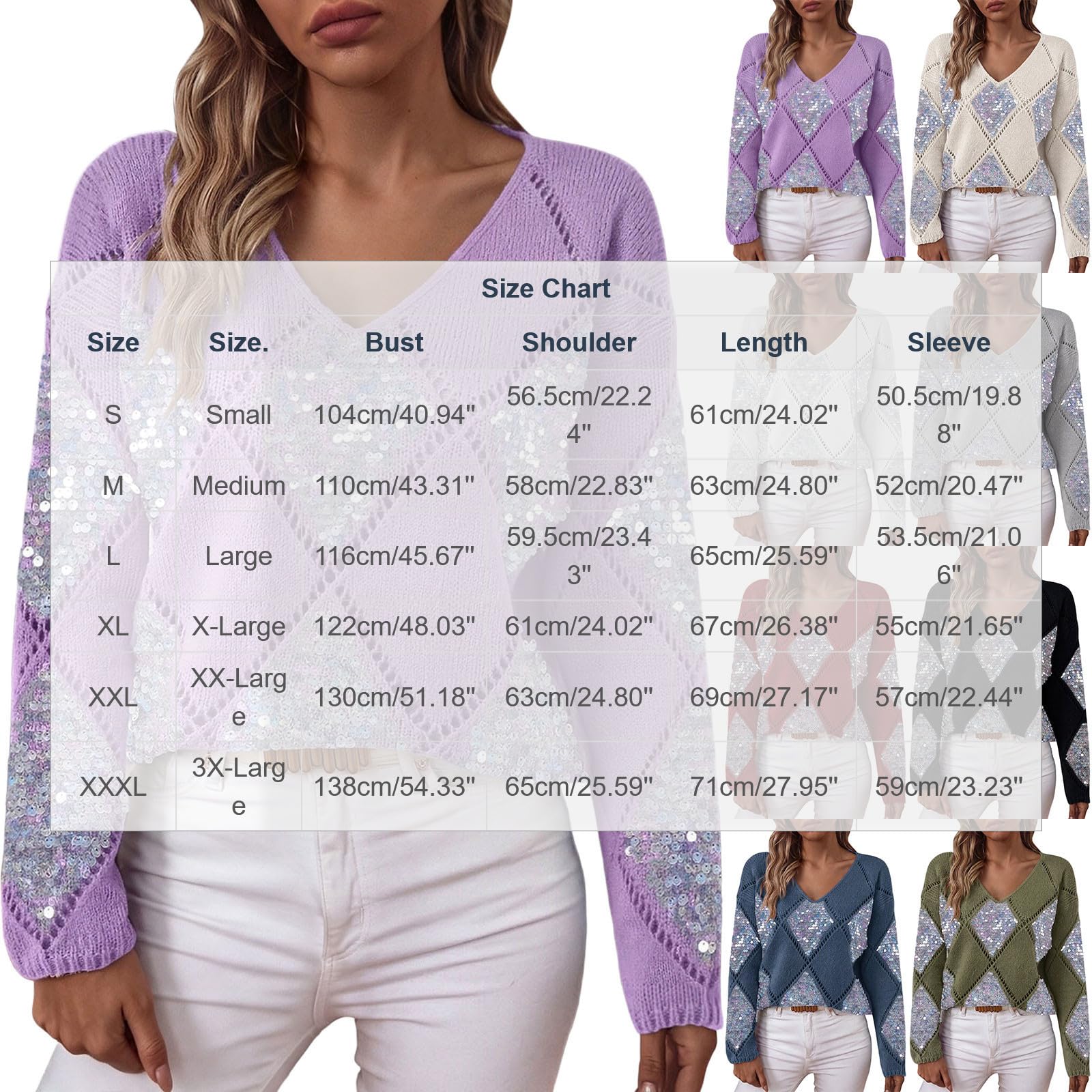 Strickpullover Damen Kurz Pullover Pailletten Oberteil V-Ausschnitt