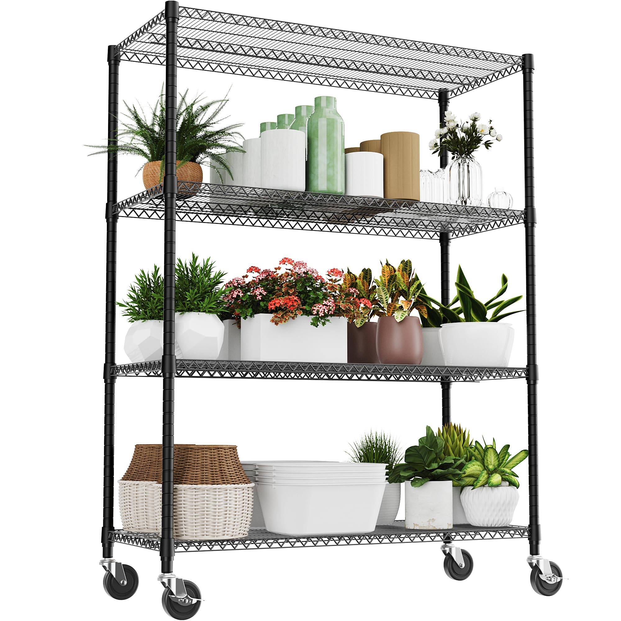 M MZG Storage Shelves 4 Tier Heavy Duty Metal Storage Unit With Height Adjustable Shelves and Wheel 1198.6 kg Load Weight Organizer for Garage, Laundry, Kitchen 60 x 135 x 186.9 cm Black