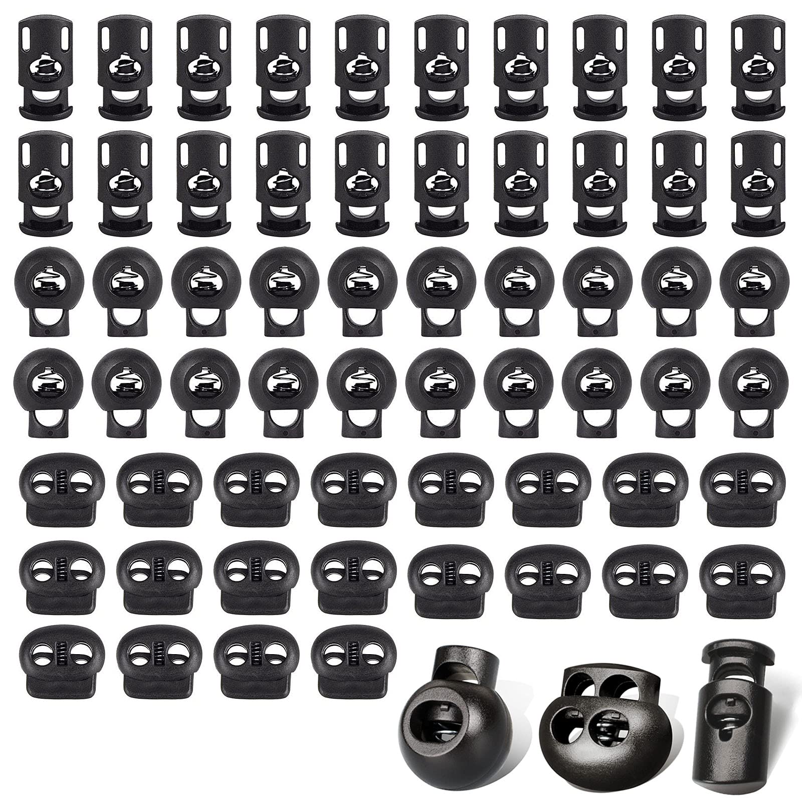 100 Pezzi Fermacorda A Molla In Plastica Nera - Set Di 4 Modelli: Doppio Foro E Singolo Foro - Chiusure Regolabili Per Cordini, Lacci Scarpe, Tende, Zaini - Misure 14-24 Mm