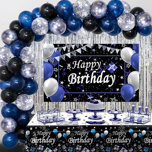 Decoraciones de cumpleaños azules y negras para hombres y mujeres, 62 piezas de decoraciones de feliz cumpleaños para niños y niñas, suministros de