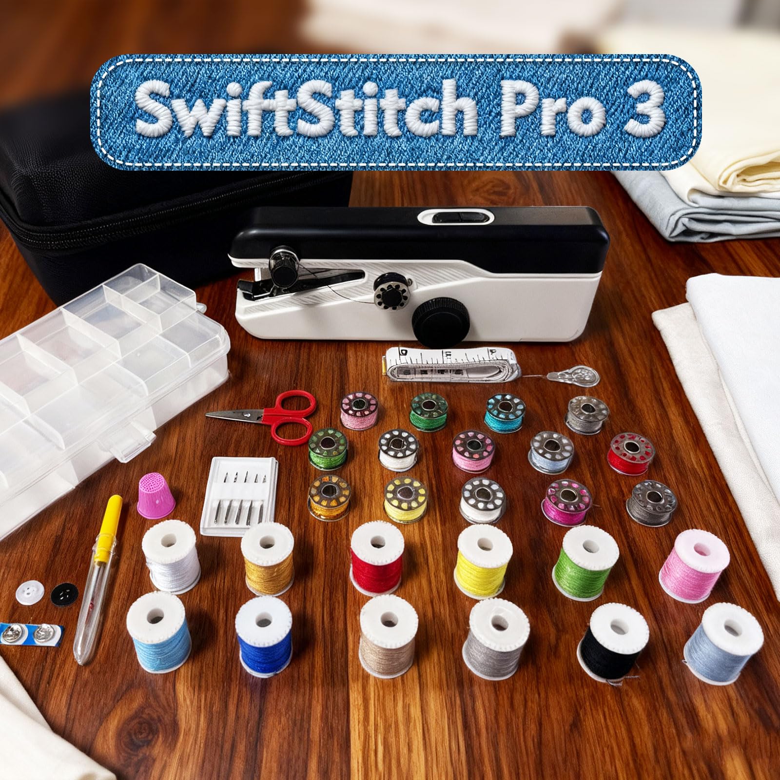 SwiftStitch Pro 3 - Máquina de coser de mano, mini kit de costura portátil de 2 velocidades con estuche de almacenamiento, modo de alimentación dual, máquina de coser para principiantes, reparación