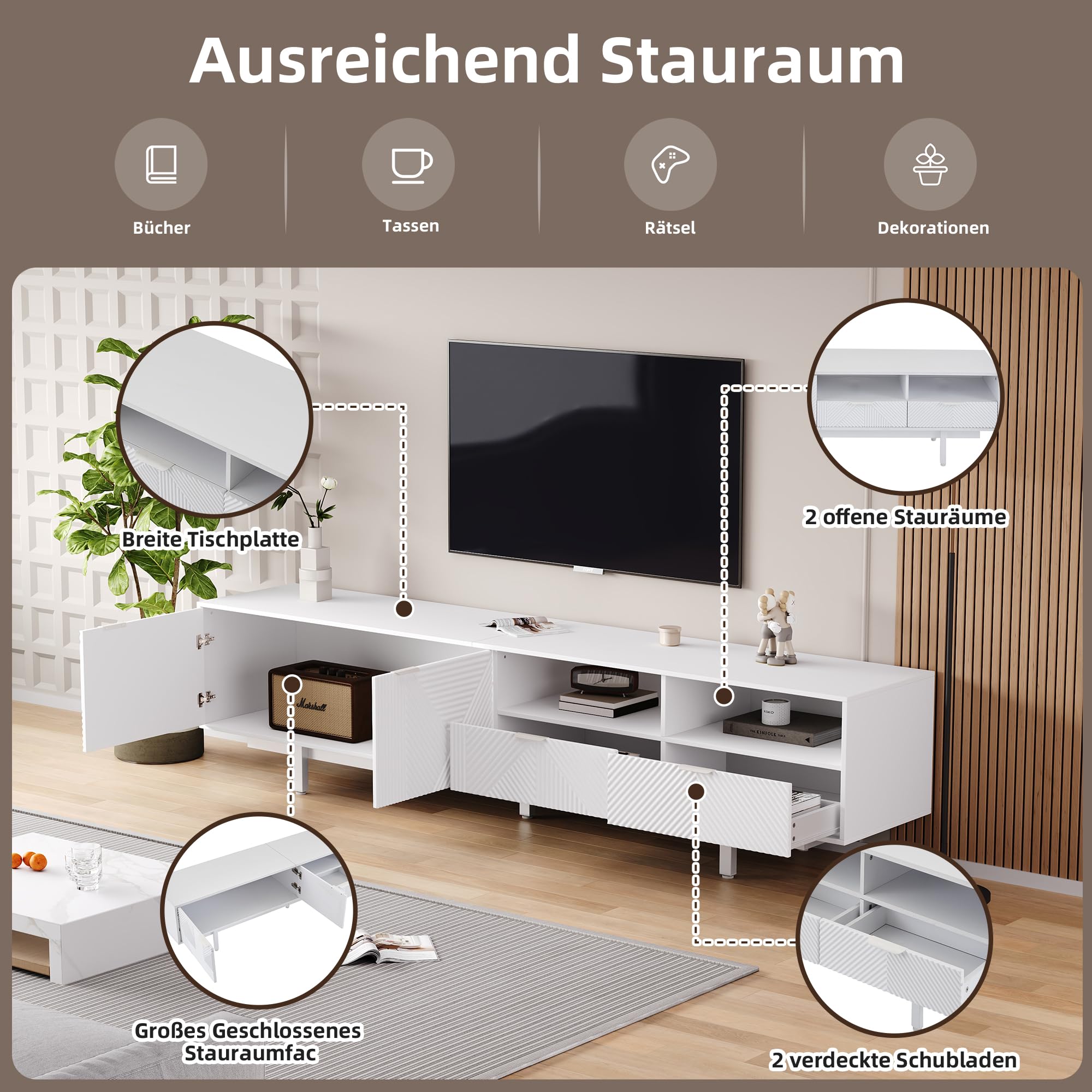 TV Lowboard 200 cm Weiß mit geometrischem Muster, TV Schrank für 90 Zoll Fernseher, modernes TV Board mit Stauraum & Türen, TV Unterschrank mit Kabelmanagement & Metallfüßen