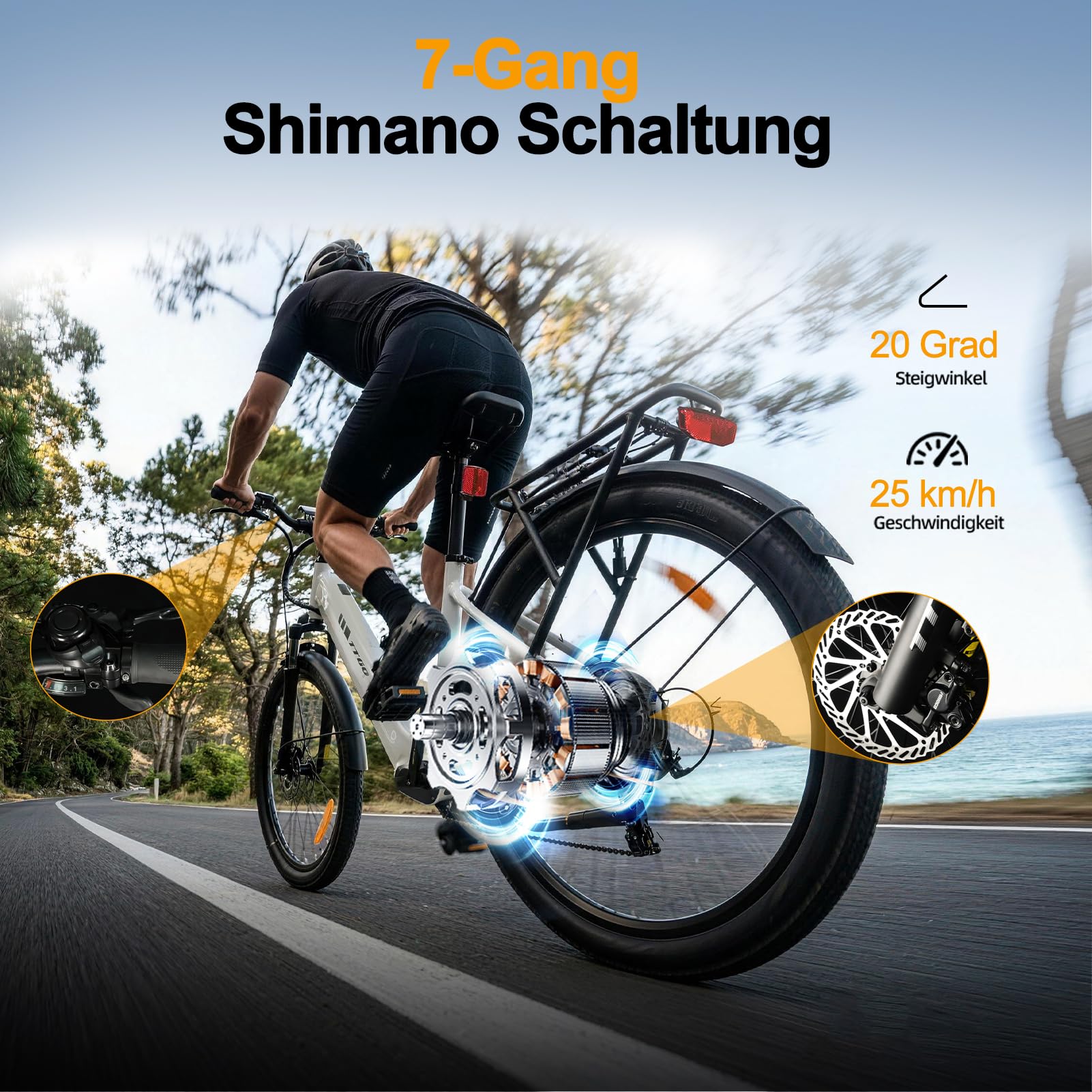 ttgo Z3 E-Bike Herren Damen, 27.5 Zoll E Bike für Erwachsene, 48V 15AH Akku, bis zu 120 km, E-Fahrrad mit 7-Gang-Getriebe, 250W Motor, City & Trekking Elektrofahrrad