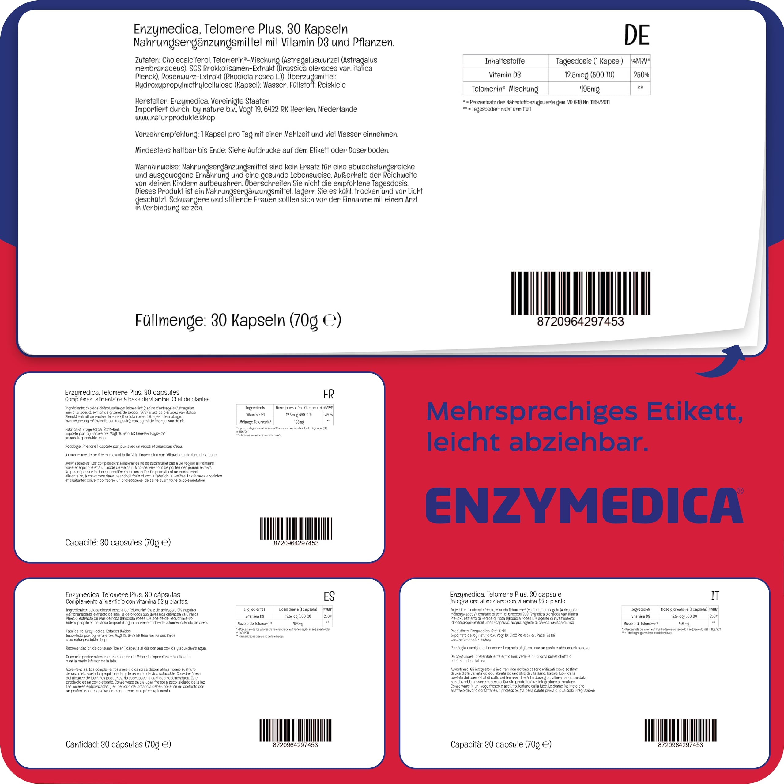 Enzymedica, Telomere Plus, 30 vegetarische Kapseln, 495mg Telomerin® Mix & 500 IU Vitamin D3 je Dosis, Glutenfrei, Sojafrei, GMO frei, Geschmacksneutral
