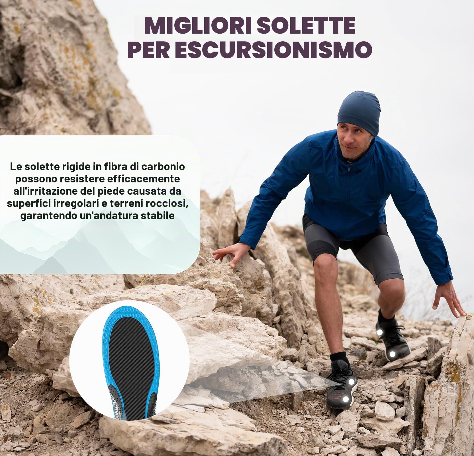 Solette Sportive in Fibra di Carbonio con Supporto Arco Plantare - Welnove Soletta per scarponi da trekking e sport outdoor - Supporto rigido per alluce valgo, alluce rigido, solette per scarponi da
