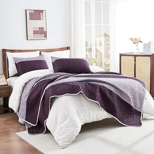 Miniatura 4 de Andency - Juego de edredón a rayas individual (68 x 86 pulgadas, 2 piezas (1 edredón a rayas y 1 fundas de almohada), colcha de retazos morado y