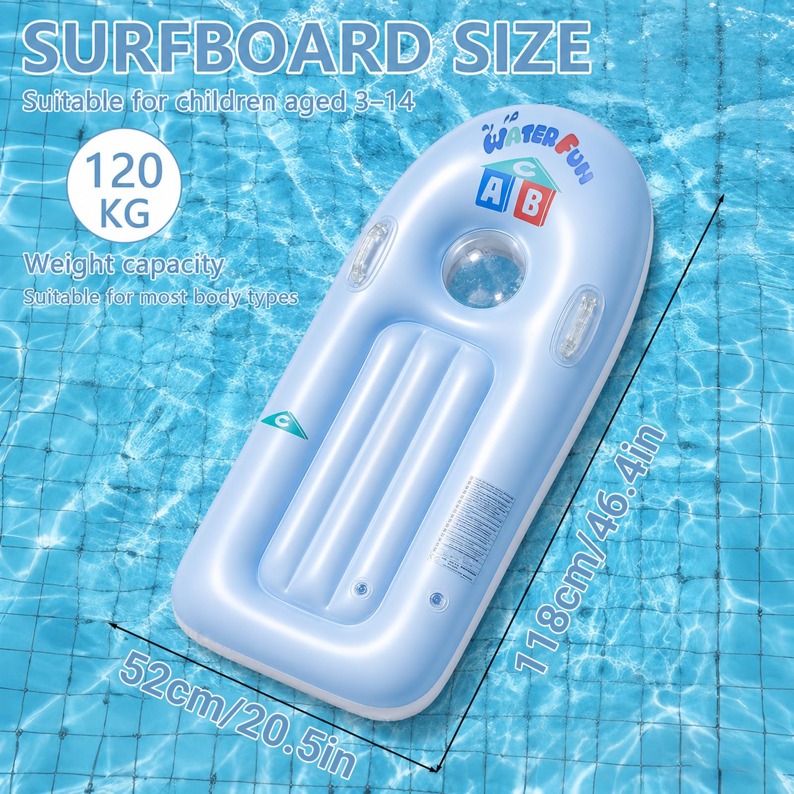 Schwimmbrett Bodyboard Aufblasbar, Surfbrett Bodyboard mit Griffen, Schwimmhilfe Aufblasbar Kinder, Aufblasbares Bodyboards für Strand, Wasserrutschbahn, Pool - 118 x 52cm
