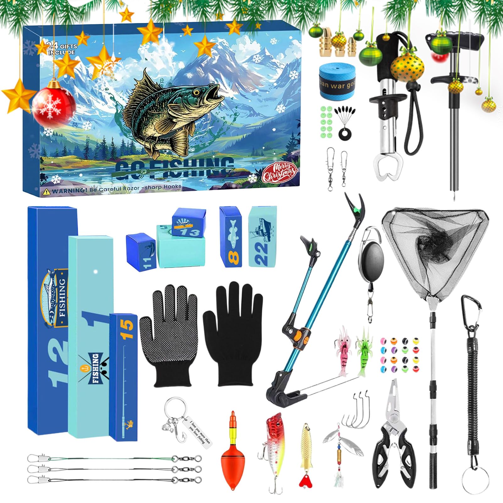 Calendario Adviento de Pesca con Cuenta atrás Portacañas Pinza Atador | 24 Días Cuenta Atrás Navidad Aparejos Pesqueros para Hombres Pesca Adviento Temporada para