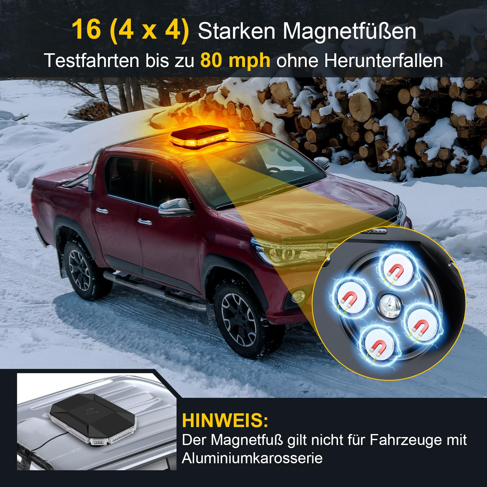 Fxlpower 71 cm led zwaailicht, geel & wit, zwaailicht met 20 sterke magneten voor bouwvoertuigen, vorkheftrucks, tractor, golfwagen, aanhanger, sneeuwploeg