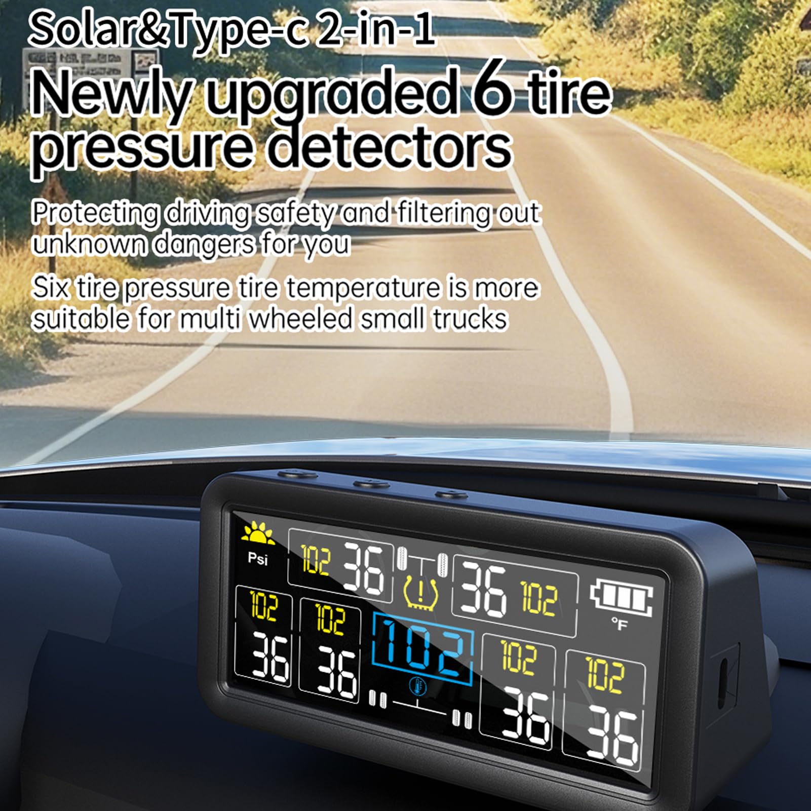 Shkalacar Reifendruck Kontrollsystem Solarbetrieben, Automatisches Überwachungssystem mit 6 Externe Sensoren LCD Display Auto EIN Aus Temperatur Alarm für LKW Anhänger Geländewagen