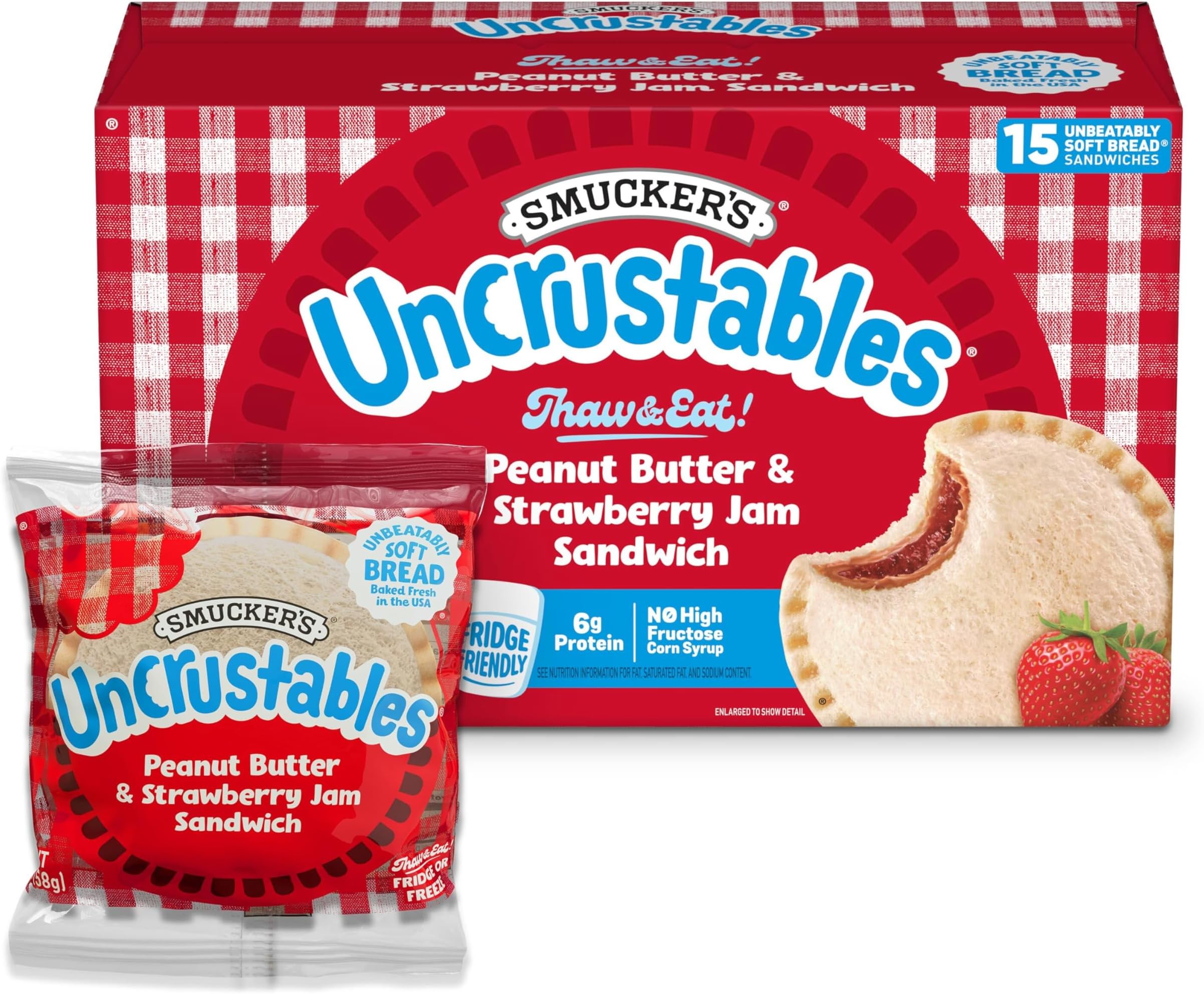 Smucker’s Uncrustables Peanut Butter & Strawberry Jam Sandwiches, 15 Count, 2 Oz. Each, Frozen