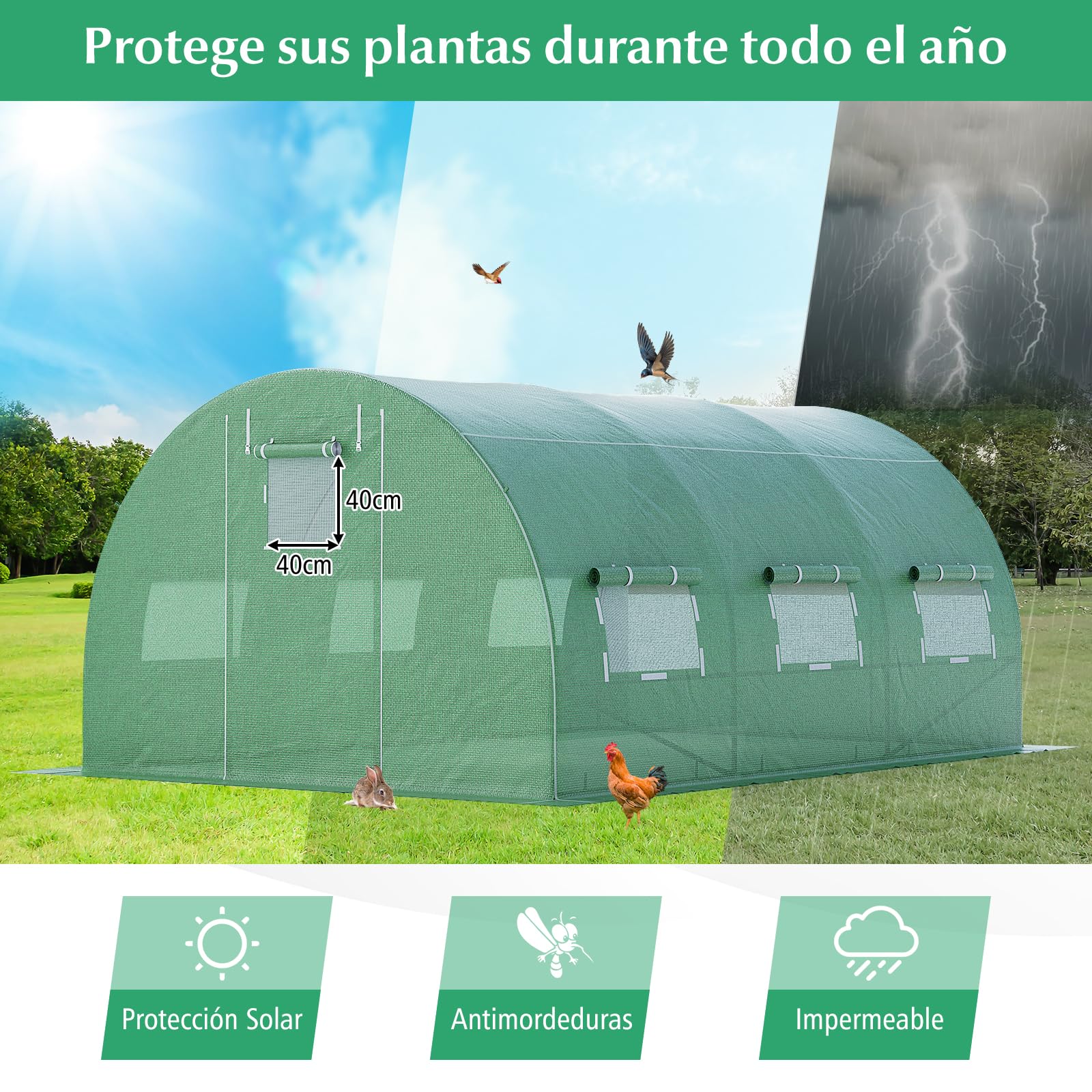 COSTWAY Invernadero Túnel Exterior, 400 x 300 x 200 cm con 6 Ventanas Enrollables, 2 Puertas con Cremallera, Estructura de Acero Galvanizado, Carpa de Jardín Resistente al Viento