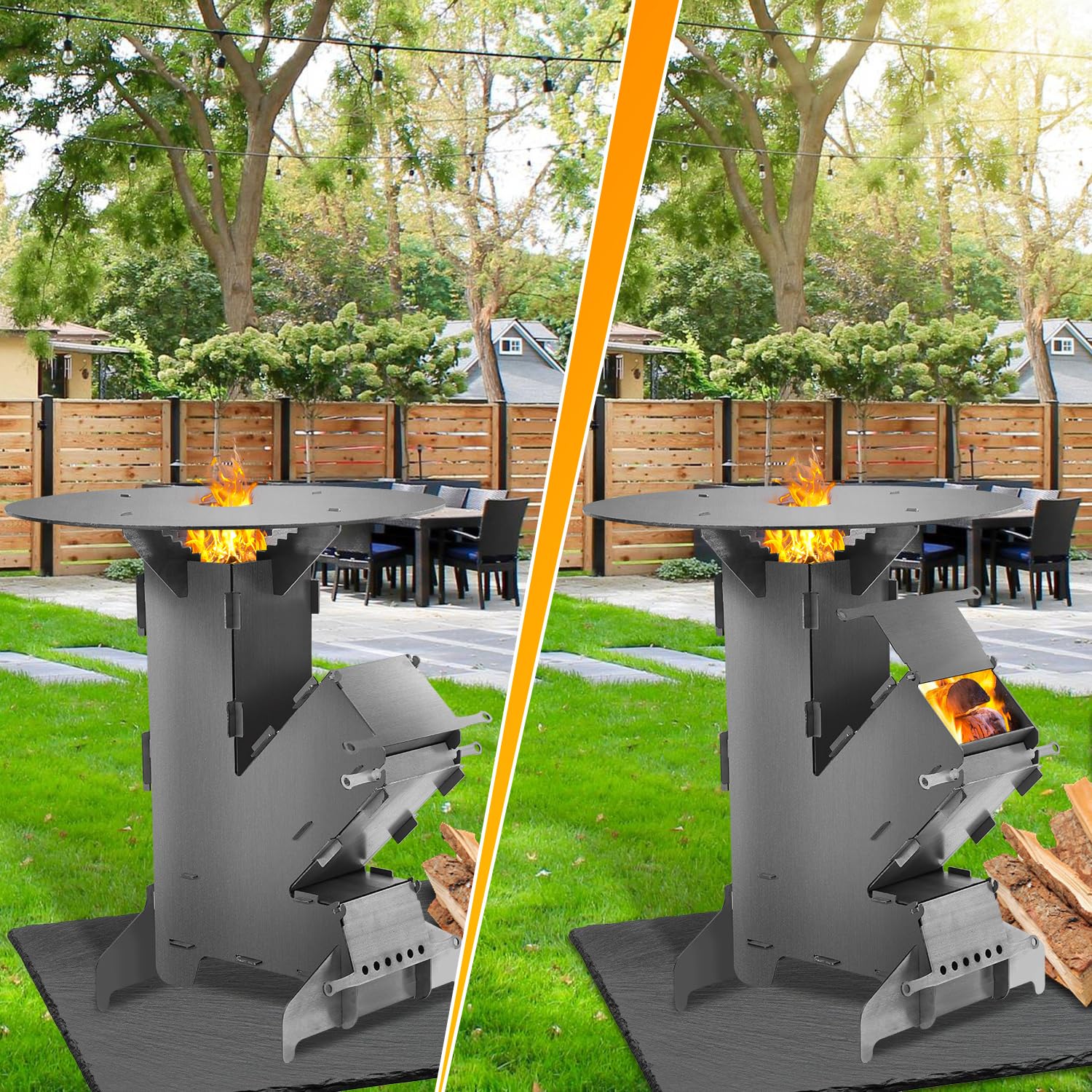 Raketenofen mit Grillplatte 50 cm, Rocket Stove aus 3 mm Stahl | Outdoor Holzofen für Camping & BBQ, Grillplatte, Stecksystem, Holzofen für Camping, BBQ, Dutch Oven, Garten