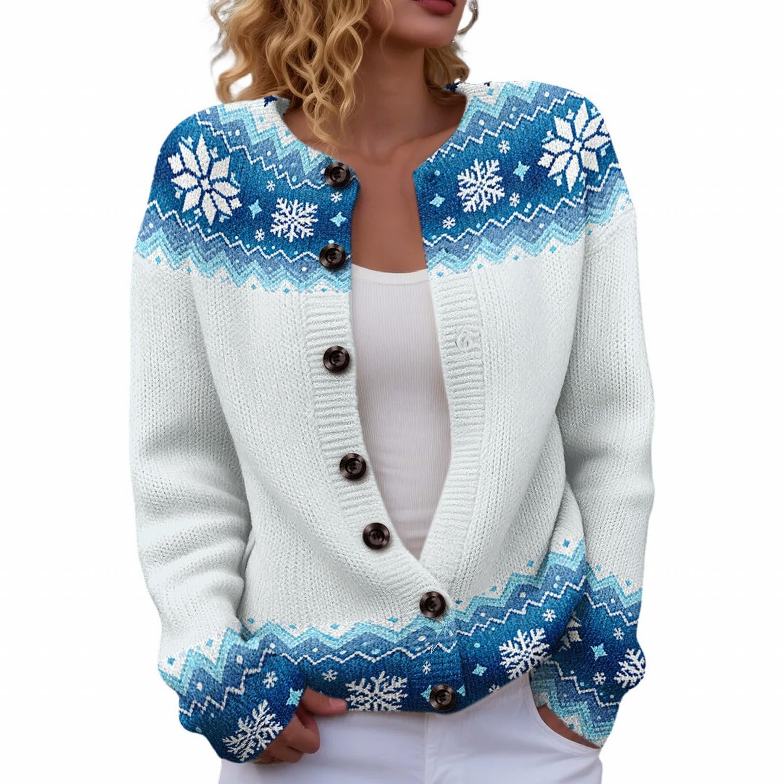 Womens Fair Isle Knitted Button-Up Cardigan Sweaters Retro Long Sleeve Lightweight Sweaters Fall Winter Clothes