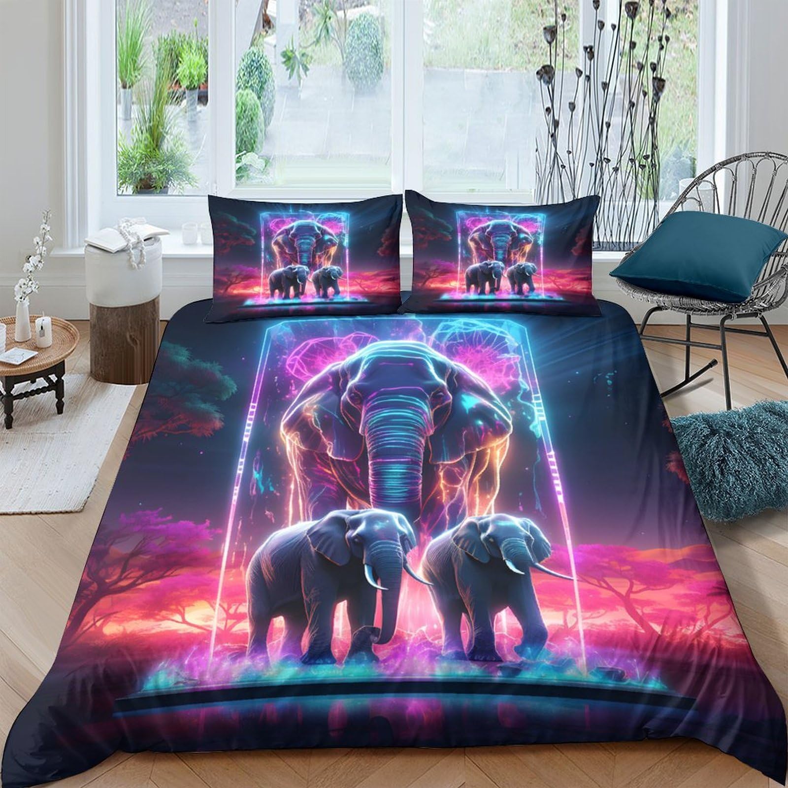 Ctjqhvkz Style-10 3D Printed Neon Elephant Fitted Sheet Microfiber Soft Breathable Jungle Family Bed Cover For Bedroom Dorm Decor Single（135X200cm）