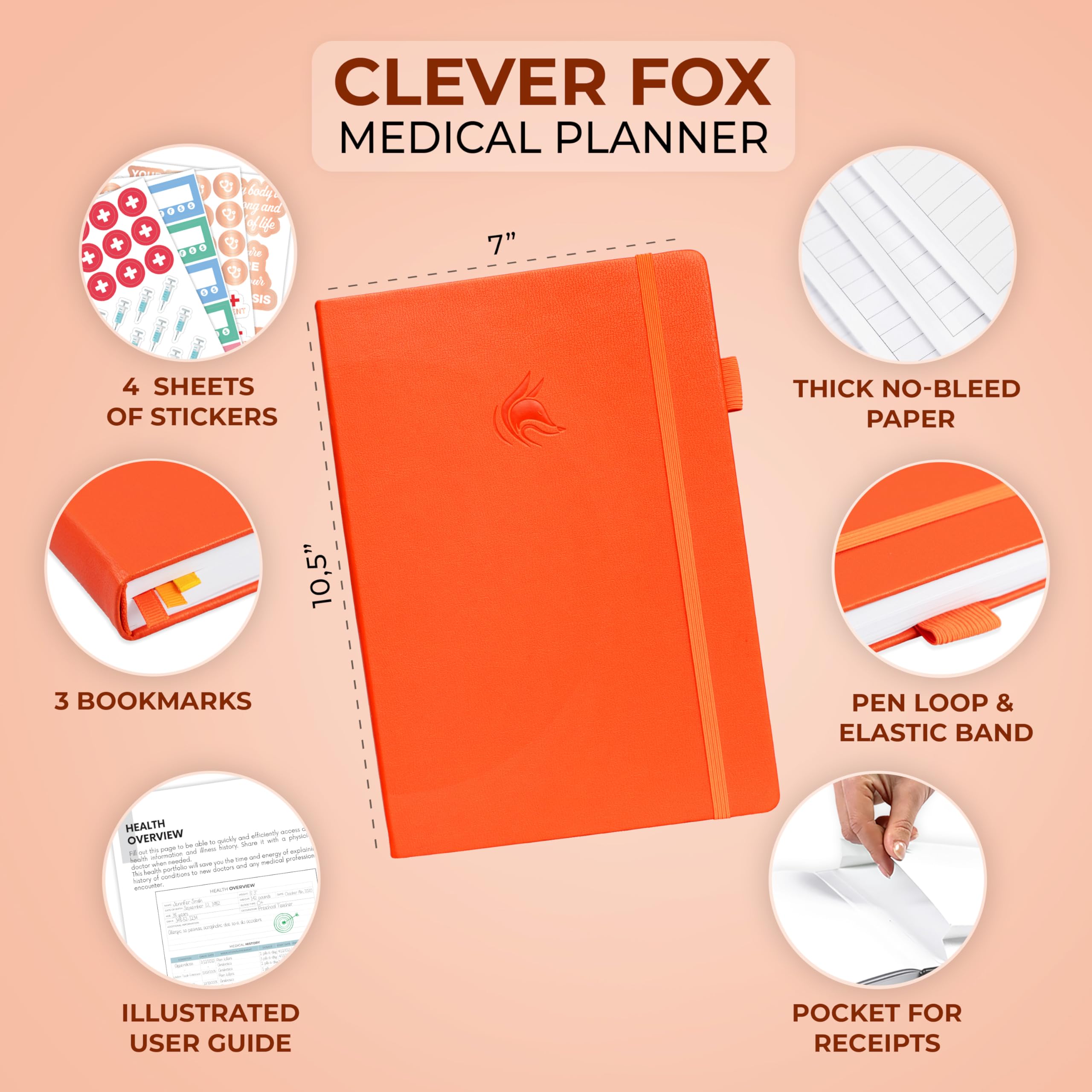 Clever Fox Planificador médico de 12 meses - Cuaderno médico, diario de salud, diario de bienestar y cuaderno de registro para rastrear la salud - Diario médico de autocuidado - 12 meses, sin fecha