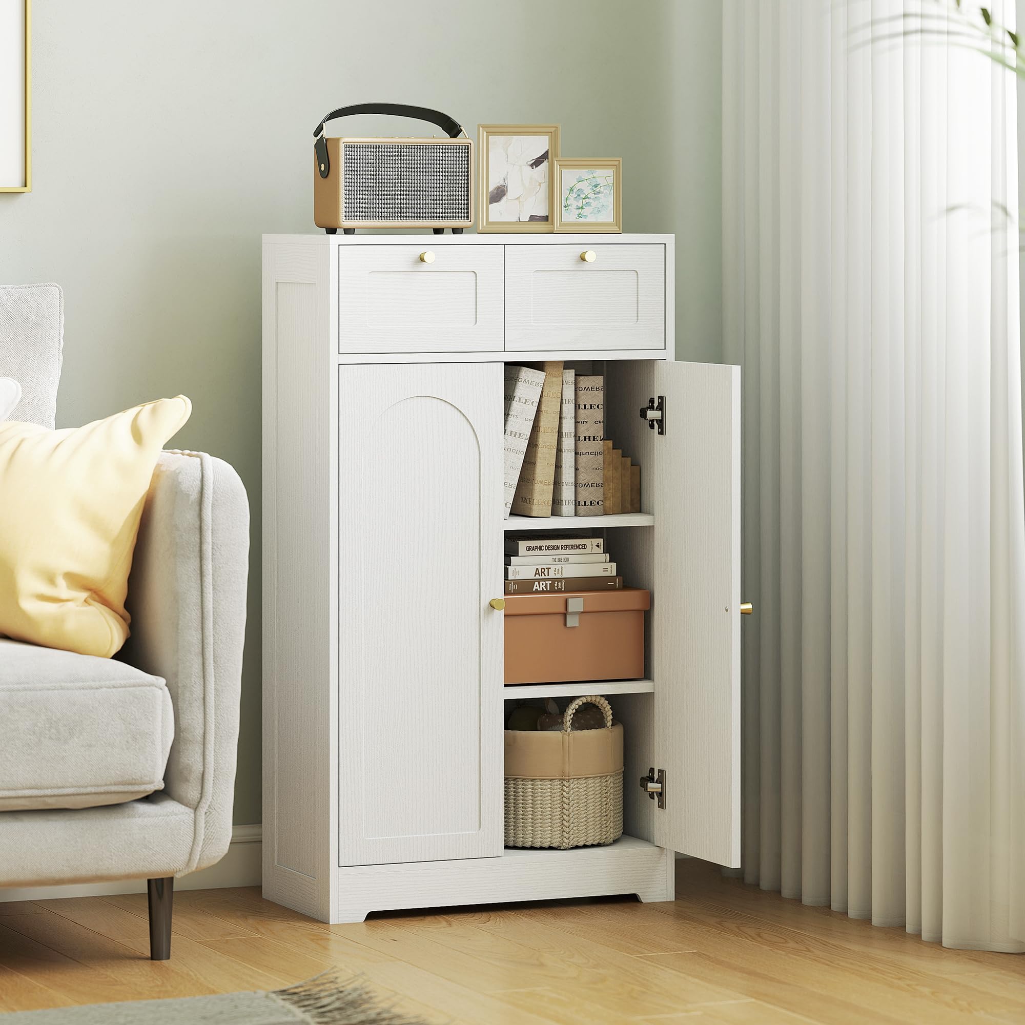 HOMCOM Armario de Baño Estrecho con 2 Cajones 60x30x108 cm Blanco Veteado | Mueble Auxiliar de Baño, Estante Abierto, Puerta con Panel Arqueado, Estilo Moderno, para Espacios Pequeños