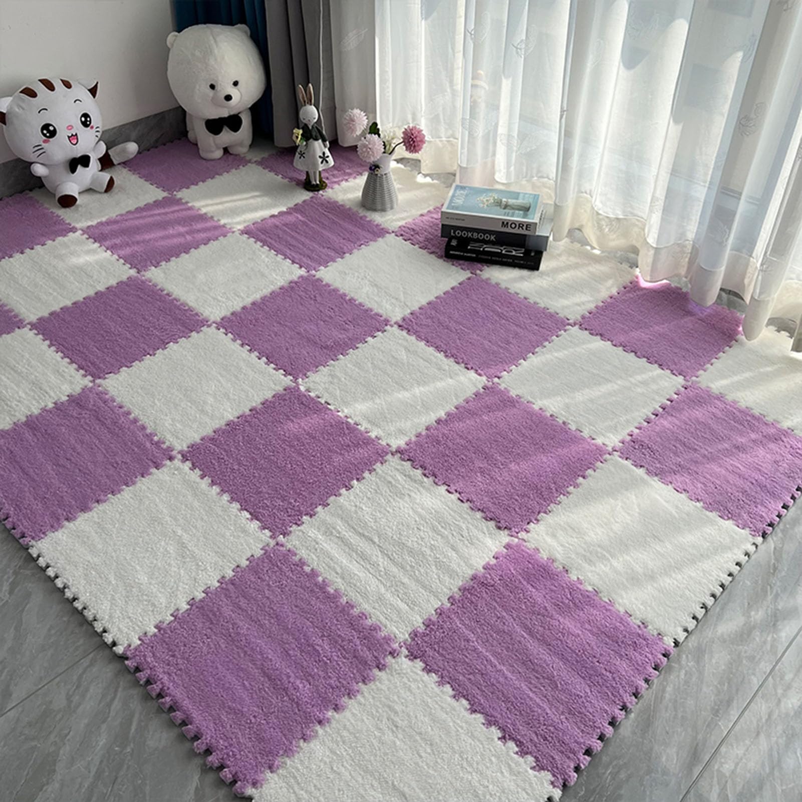 Kanduo Piankowa mata blokująca Mata piankowa do układania puzzli, 10 sztuk kwadratowych płytek dywanowych, kwadratowe patchworkowe bloki dywanowe Wykładzina antypoślizgowa(Purple+White)