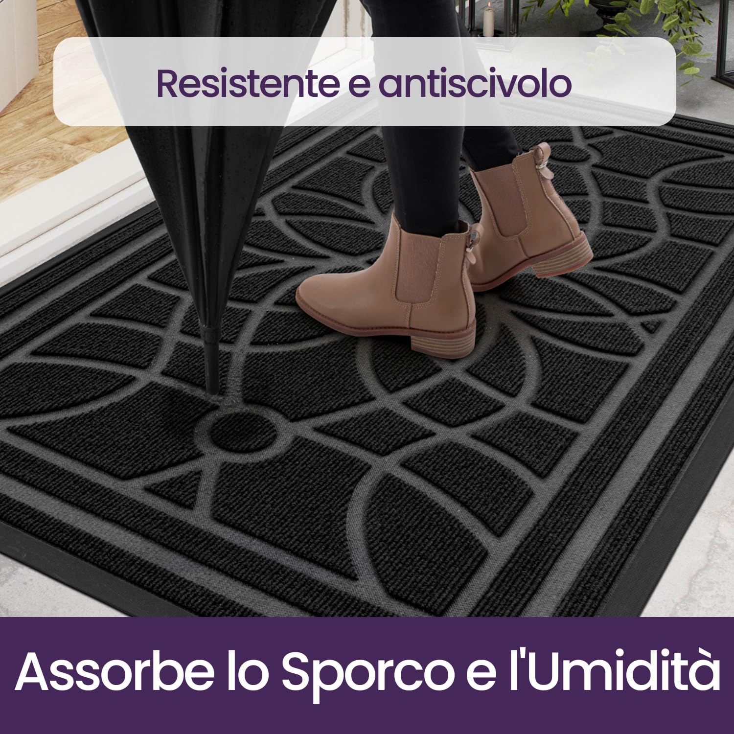 DEXI Zerbino Ingresso Esterno 60 x 90 cm, Tappeto Ingresso Interno Antiscivolo Impermeabile, Zerbini Assorbente Lavabile per Ufficio, Giardini, Balcone, Nero | Zerbino sottile e durevole, impermeabile, per interni, porta di casa, balcone o terrazza