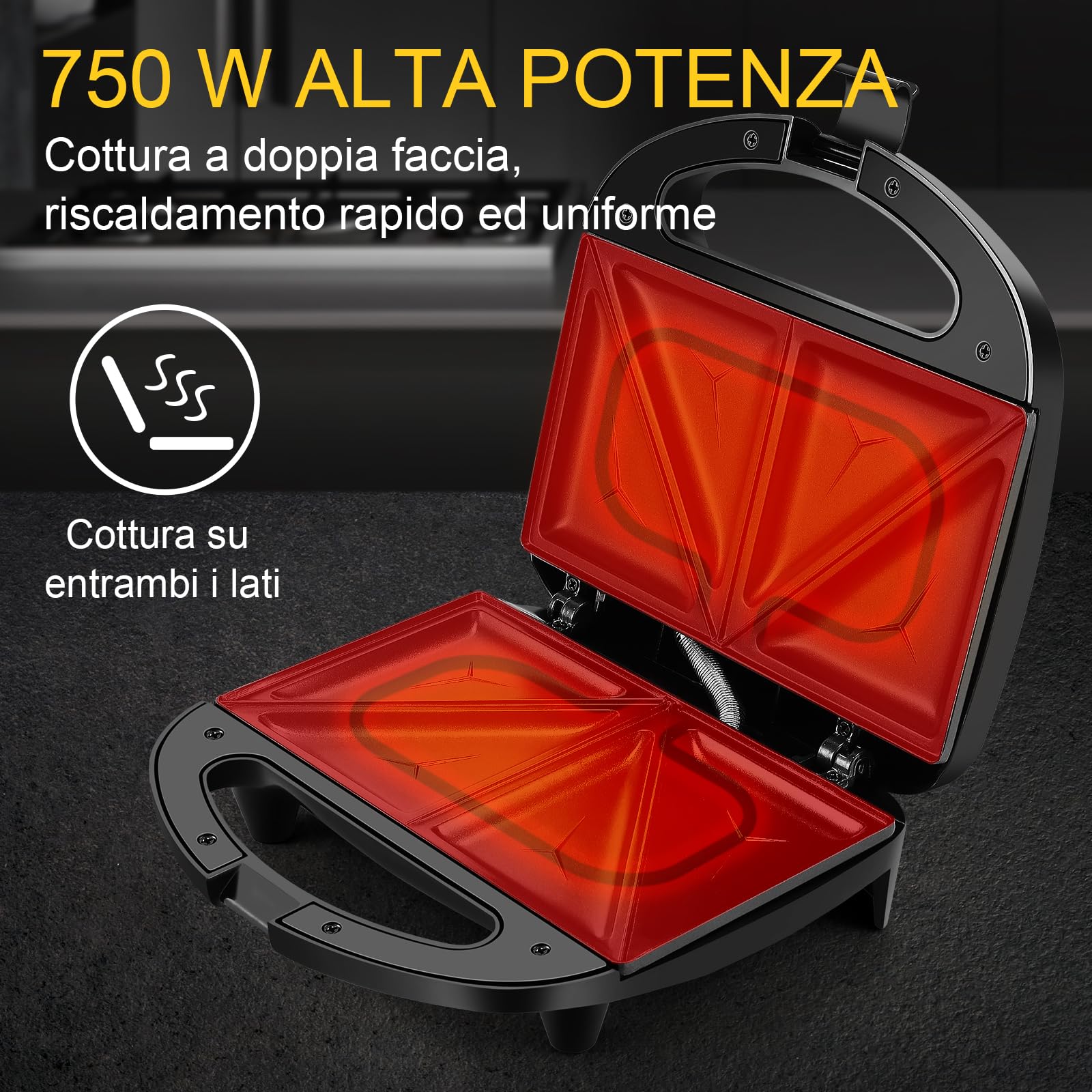 YASHE Macchina per Sandwich Tostapane, Piastre Tostapane Antiaderenti, 750W Sandwich Maker, Automatico Termostato, Indicatori LED, Senza BPA