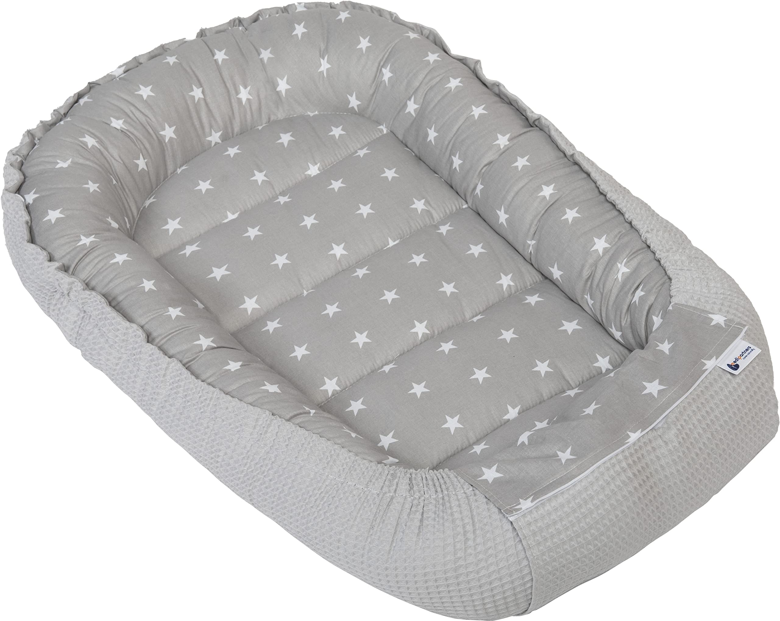 Medi Partners Nido per Neonato 100x60x15cm Baby Nest 100% Cotone Waffle Lettino da viaggio per bambini Multifunzionale Chiusura sicura (Stelle con Waffle grigio)