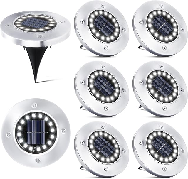 PhilzOps Solar Garden Lights Outdoor, 16 LEDs Solar Powered Ground Lights IP65 Waterproof White Solar Floor Lights Pathway Decking Lights for Lawn Patio Walkway Driveway Landscape Yard, 8 Pack