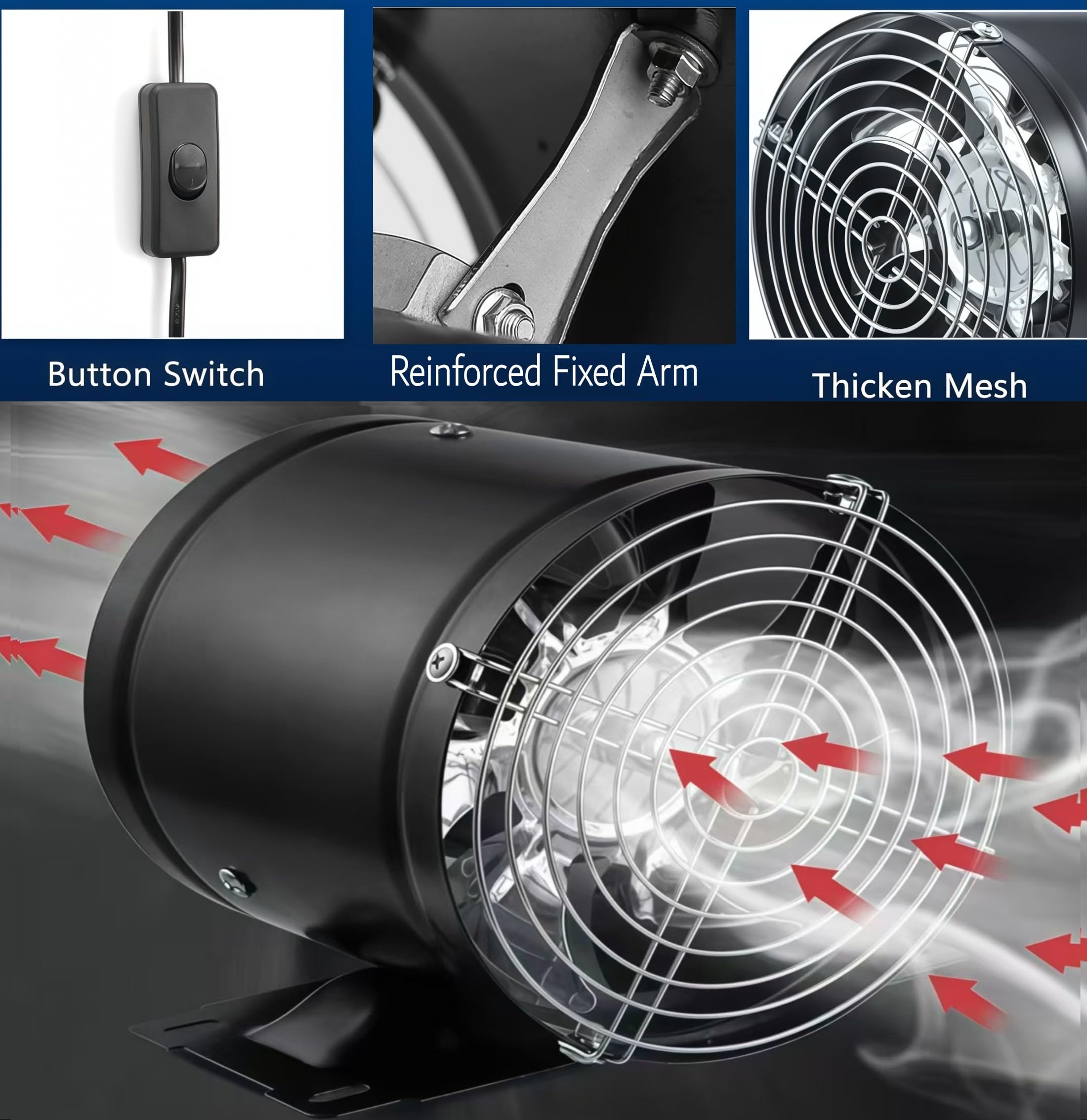 20,3 cm Inline-K-Ventilator, mit Schalter, geräuscharm, hoher Luftstrom, Abluftventilator aus Metall mit Halterung und Netz, für Keller, Garage, Dachboden, Küche (schwarz)