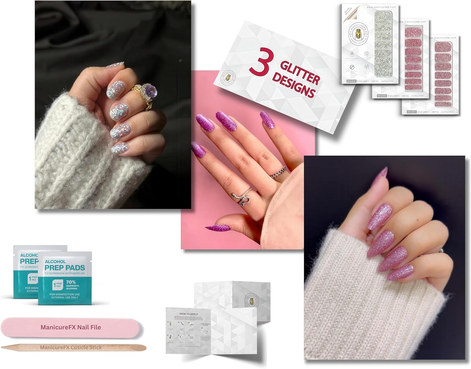 Nail Polish Strips (3 Designs), 48 Full Nail Wraps, Stick