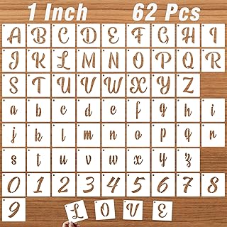 1 Inch Letter Stencils for Painting on Wood, 62 Pcs Calligraphy Alphabet Stencils and Number Stencils, Cursive Lettering Stencil Upper and Lowercase, Reusable Plastic Art Craft Stencil for Sign