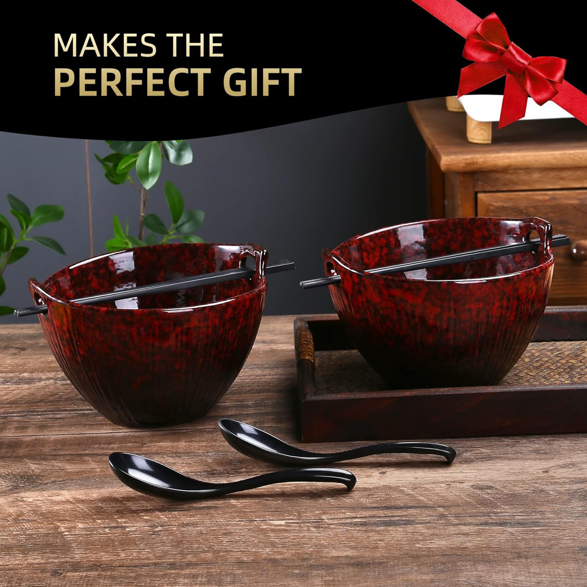 POECER Lot de 2 bols à soupe japonais en céramique avec baguettes et cuillères, passent au micro-ondes et au lave-vaisselle pour pâtes Pho Udon Soba, nouilles, salade, pâtes, cramoisi émaillés