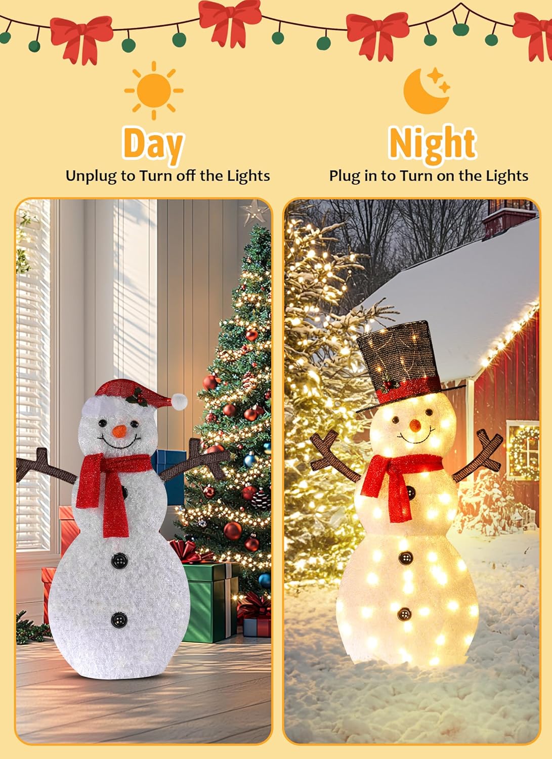 Brightown Snowman Christmas Decorations Outdoor, 3-Piece 48/36/24in 2D Light up Snowman Family, Furry Snowman Decor with 135LED Lights for Outside Indoor Xmas Yard Garden Home Lawn Backyard Party Gift