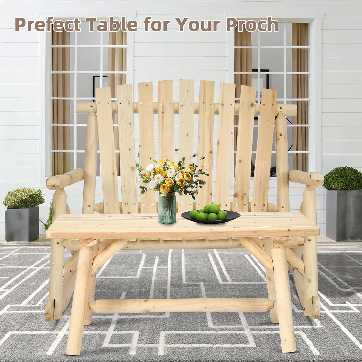 Outdoor Coffee Table, Thick Wooden Patio Adirondack Log Coffee Table with Slatted Tabletop, Solid Wood Rustic Rectangle Center Table for Deck, Garden, Balcony, Indoor or Outdoor Use, Natural