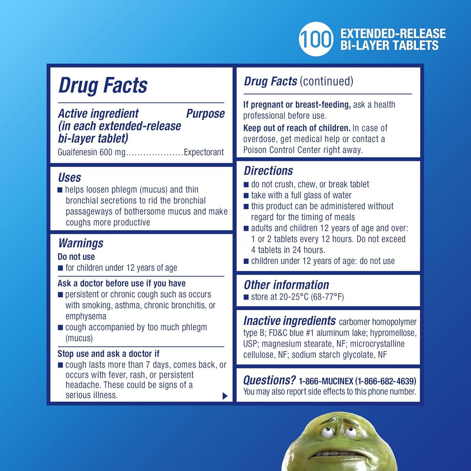 Drug Facts panel from Mucinex packaging, detailing active ingredients, uses, warnings, and directions.