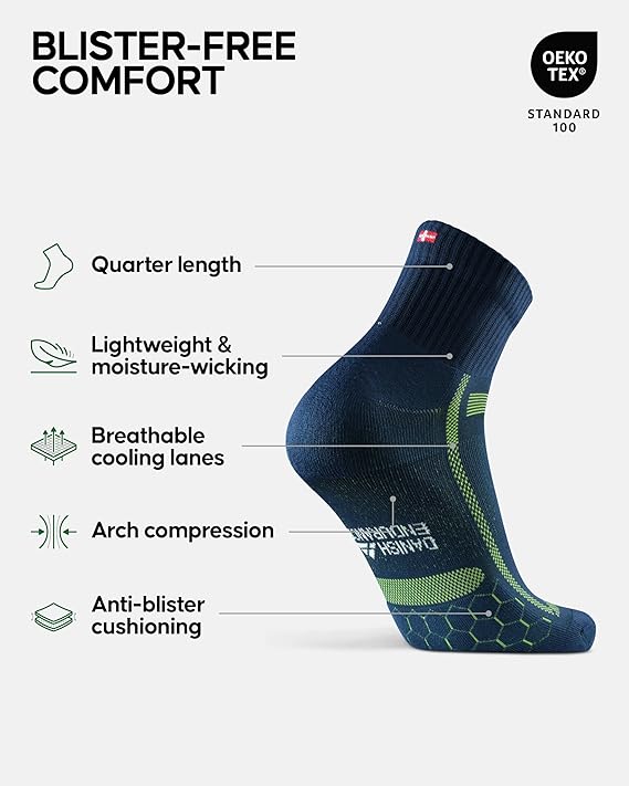 Close-up of a dark blue DANISH ENDURANCE Cushioned Running Sock with green accents, highlighting quarter length, lightweight moisture-wicking, breathable cooling lanes, arch compression, and anti-blister cushioning. Text overlay reads 'Blister-Free Comfort' with an OEKO-TEX Standard 100 certification logo.