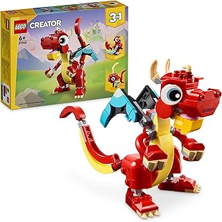LEGO Creator 3-en-1 Le Dragon Rouge, Jouet avec 3 Figurines d'animaux, Dont Un Dragon Rouge, Un Poisson et Un Phénix, Set Animaux pour Enfants, Cadeau pour Garçons et Filles, Dès 6 Ans 31145