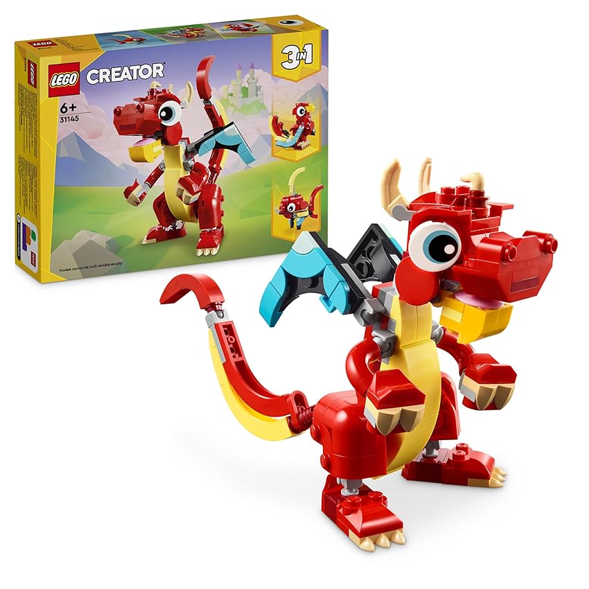 LEGO Creator 3 in 1 Drago Rosso, Giochi per Bambini e Bambine da 6 Anni Fan degli Animali, Action Figure Ricostruibile in Pesce con Pinne Mobili e Fenice Giocattolo, Idea Regalo di Compleanno 31145