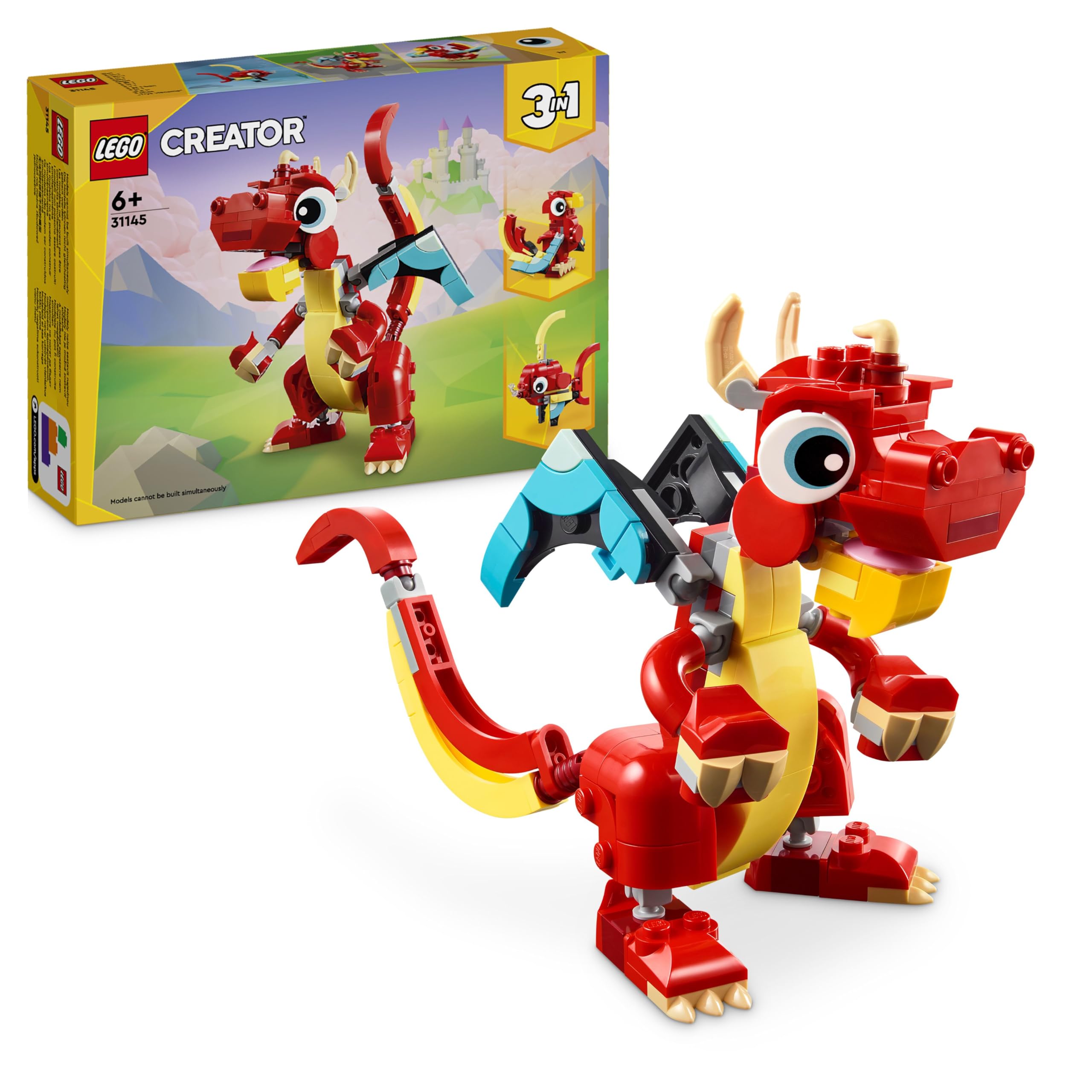 LEGOCreator 3in1 Red Dragon Toy to Fish Figure to Phoenix Bird Model, Animal Figures Set, Gifts for 6 Plus Year Old Boys, Girls and Kids 31145