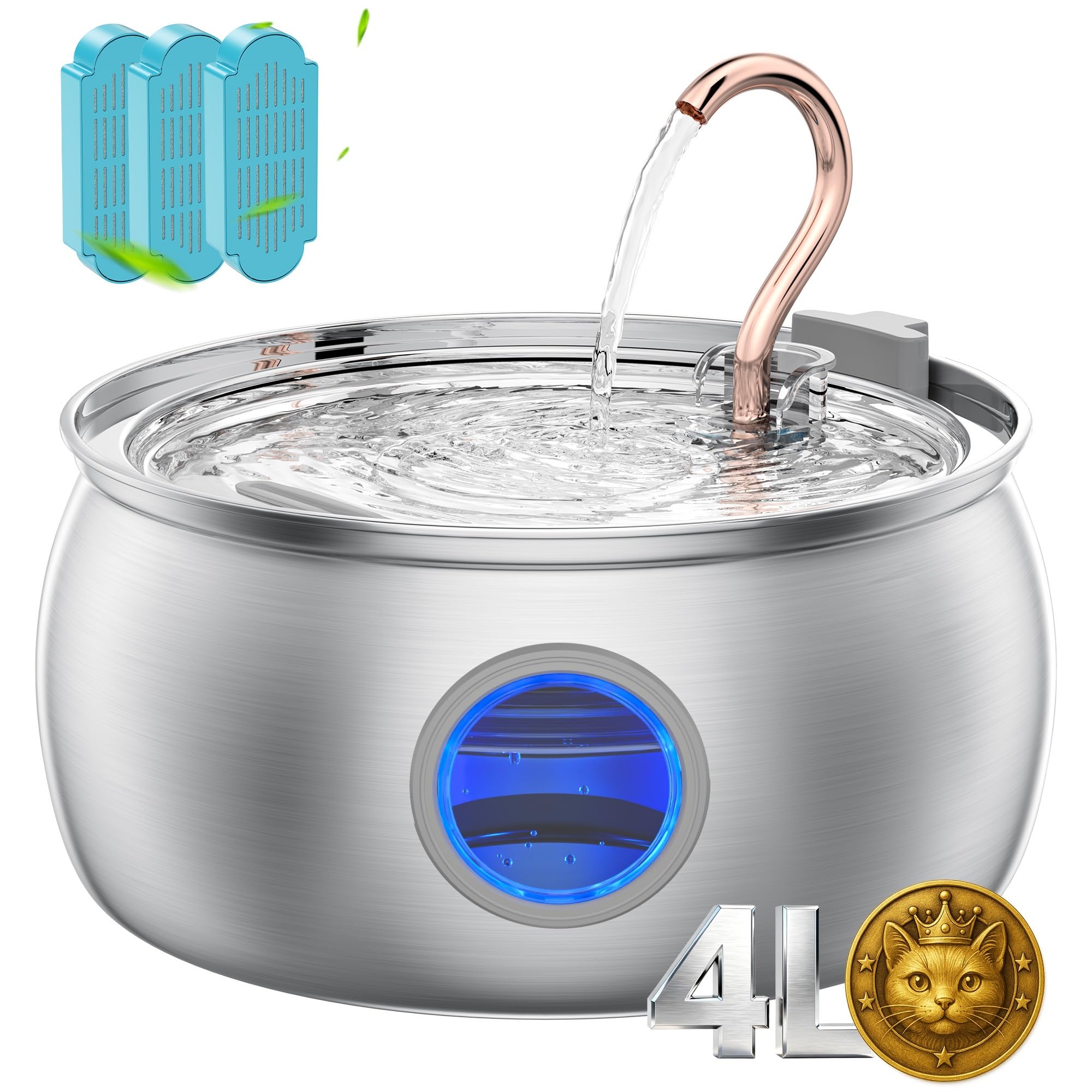 Tomxcute Cat Water Fountain - 4.0L/135oz Gooseneck Copper Stainless Steel Cat Water Fountains for Cats Indoor - Kitty Cat Fountains for Drinking Spout - Comes with 3 Replacement Filters