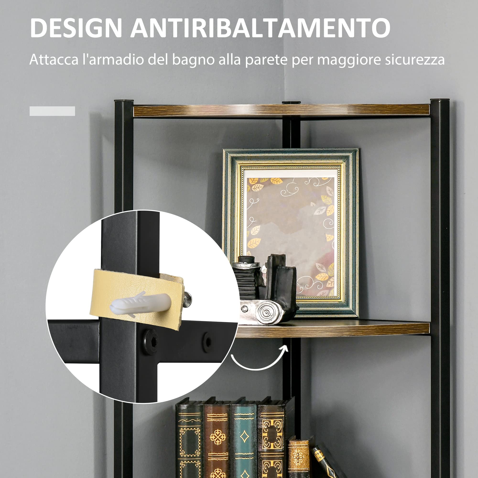 HOMCOM Libreria Moderna Angolare 6 Ripiani in Metallo e MDF 34x34x166cm | Mobile Libreria a Parete, per Salotto e Studio