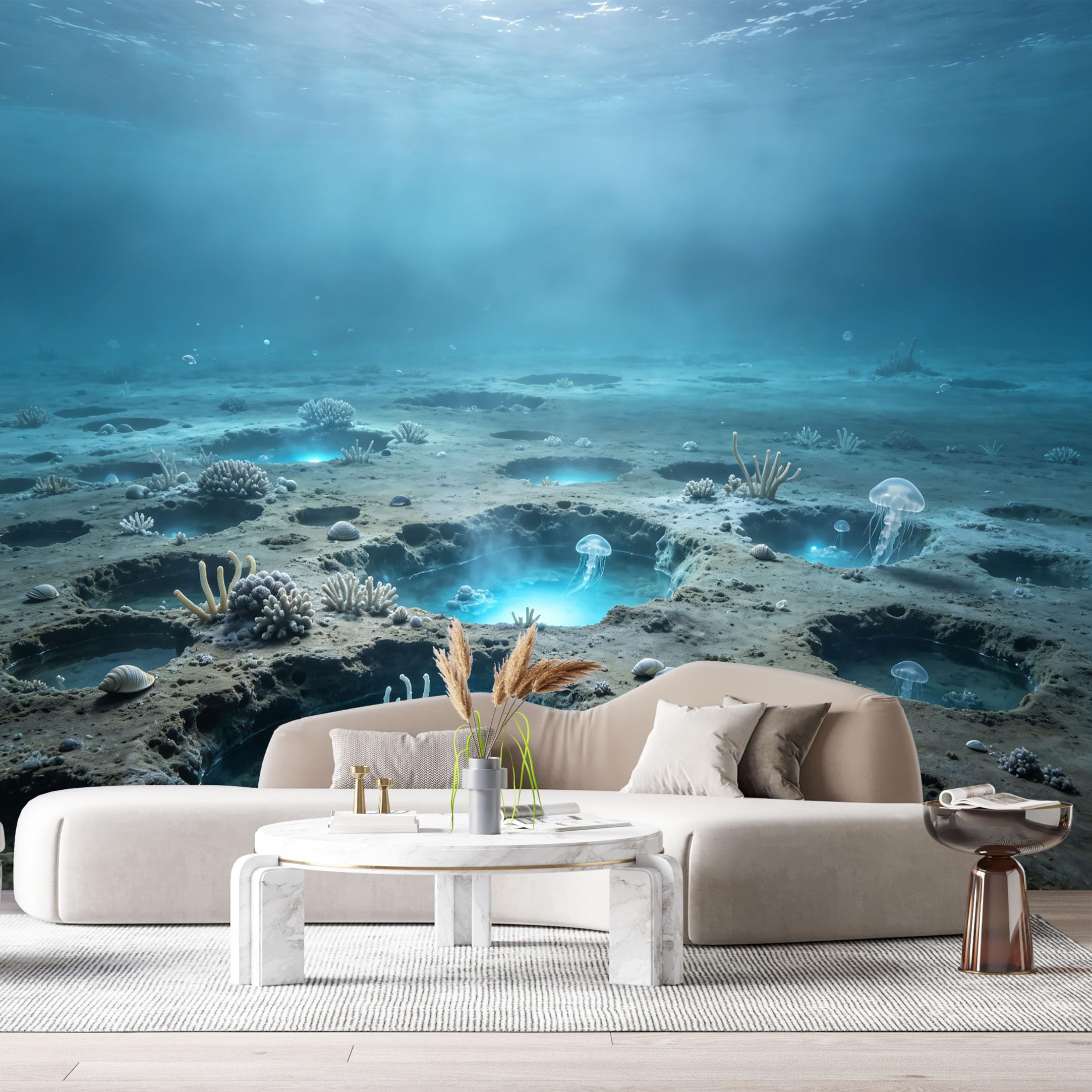 Custom Size Wall Murals Ocean Marine 3D Deep Sea Bioluminescent Jellyfish Coral Reef SelfAdhesiveWall Fabric Removable Wallpaper Wall Decor for Living Room Bedroom Bathroom