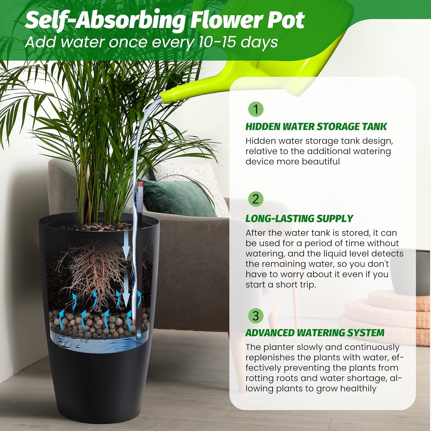 GarveeLife Set of 2 Tall Planters for Outdoor Plants, 22 in Large Planters for Outdoor Indoor Plants with Water Level Monitor ＆ Inner Bucket, Automatic Watering, for Porch, Patio, Backyard, Black