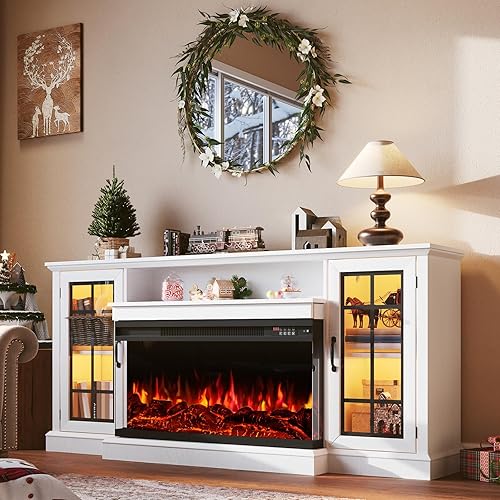70 Inch Fireplace TV Stand for TVs up to 80", Rustic Media Entertainment Center Console Table with Glass Door Closed Storage, 3-Sided Glass Fireplace, White