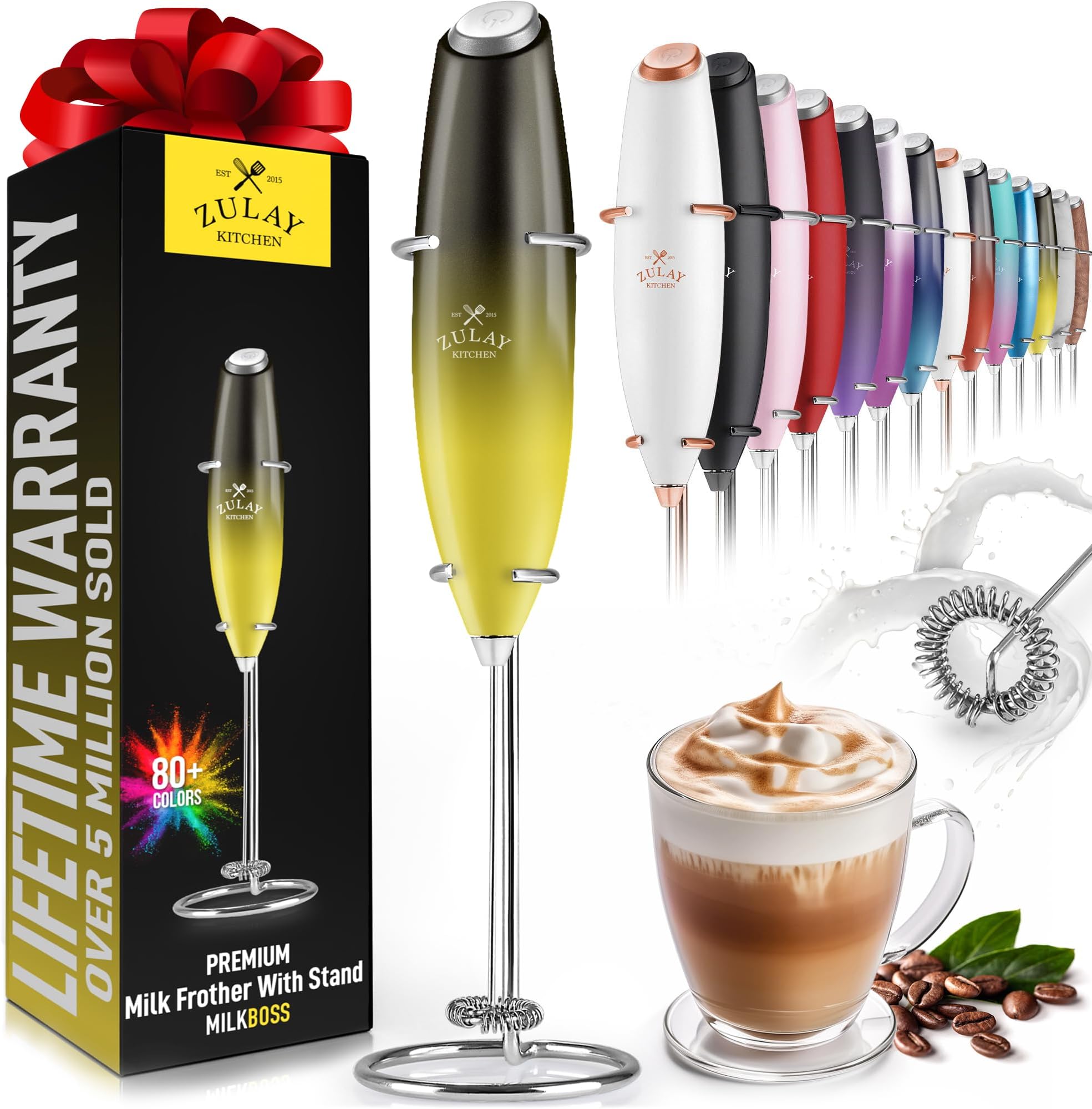 Zulay Powerful Milk Frother Handheld Foam Maker for Lattes - Whisk Drink Mixer for Coffee, Mini Foamer for Cappuccino, Frappe, Matcha, Hot Chocolate by Milk Boss - Honeybee