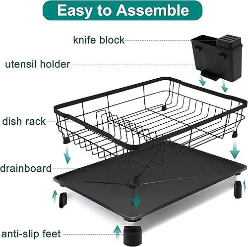 Miniatura 6 de Escurridor de platos de hierro de 2 niveles, gran capacidad, escurridor de encimera de cocina con escurridor, boquilla giratoria, soporte extraíble