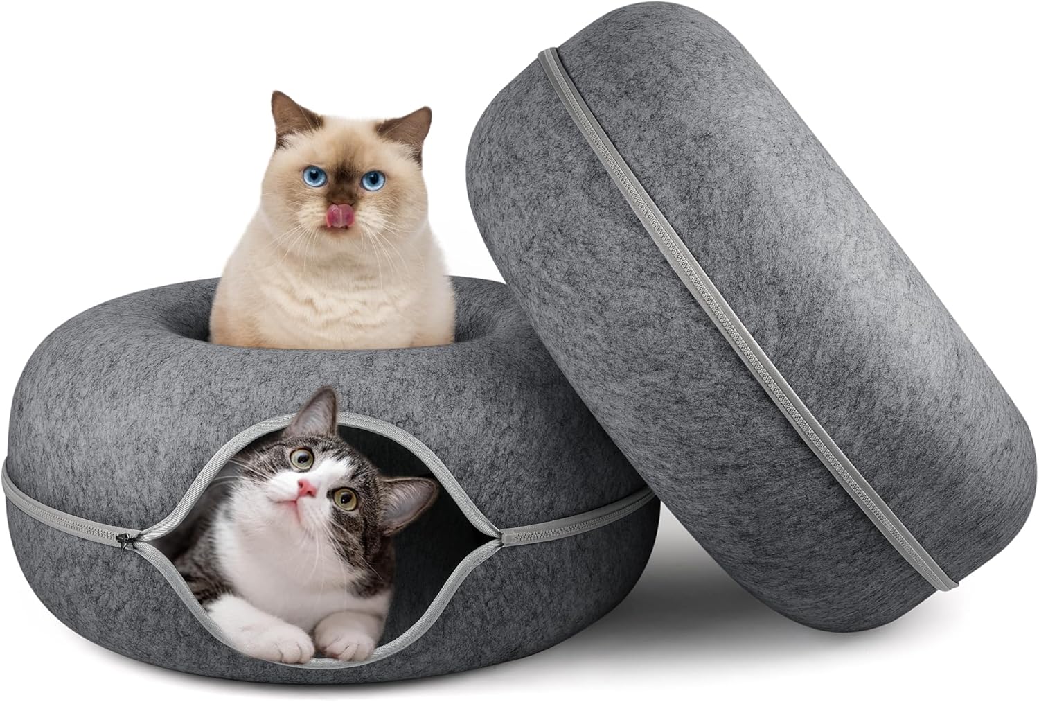 Tunnel Bed Peekaboo Cave for Multiple & Large Cats, Scratch Resistant, Washable & Detachable Round Felt Donut Tunnel up to 24 Lbs, 24" x 24" x 11", Dark Grey, 2 PCS