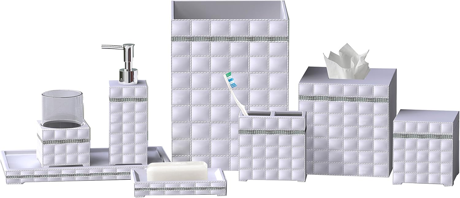 nu steel White Giraffe Bath Accessory Set for Vanity Countertops 8 Piece Includes Cotton Container, Dish,Toothbrush, Tumbler,soap Lotion,Waste Basket,Tissue Box Holder,Tray-Resin