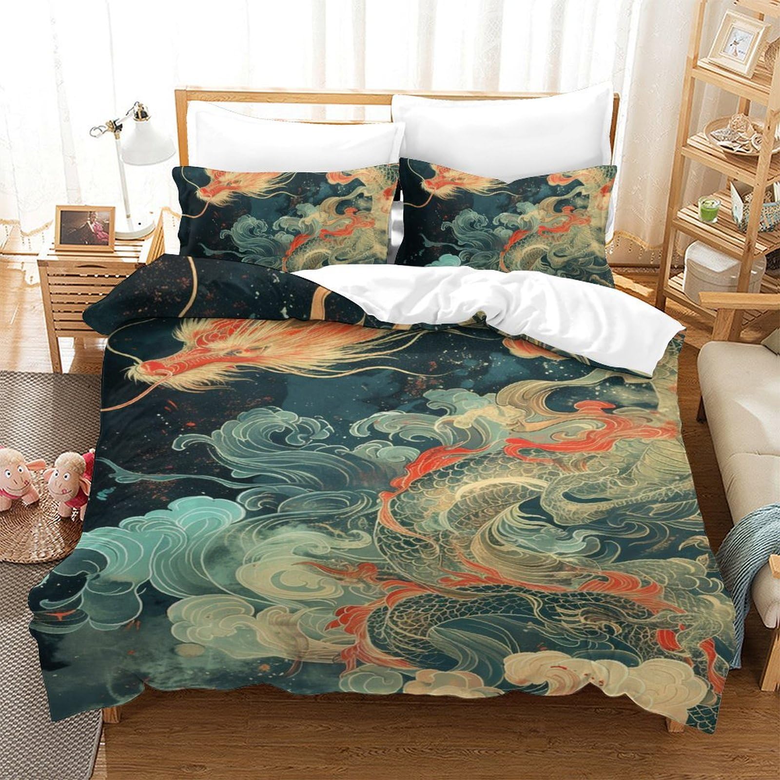 Housse de couette dragon 3D pour chambre d'enfant parure de lit single 140x200cm douce