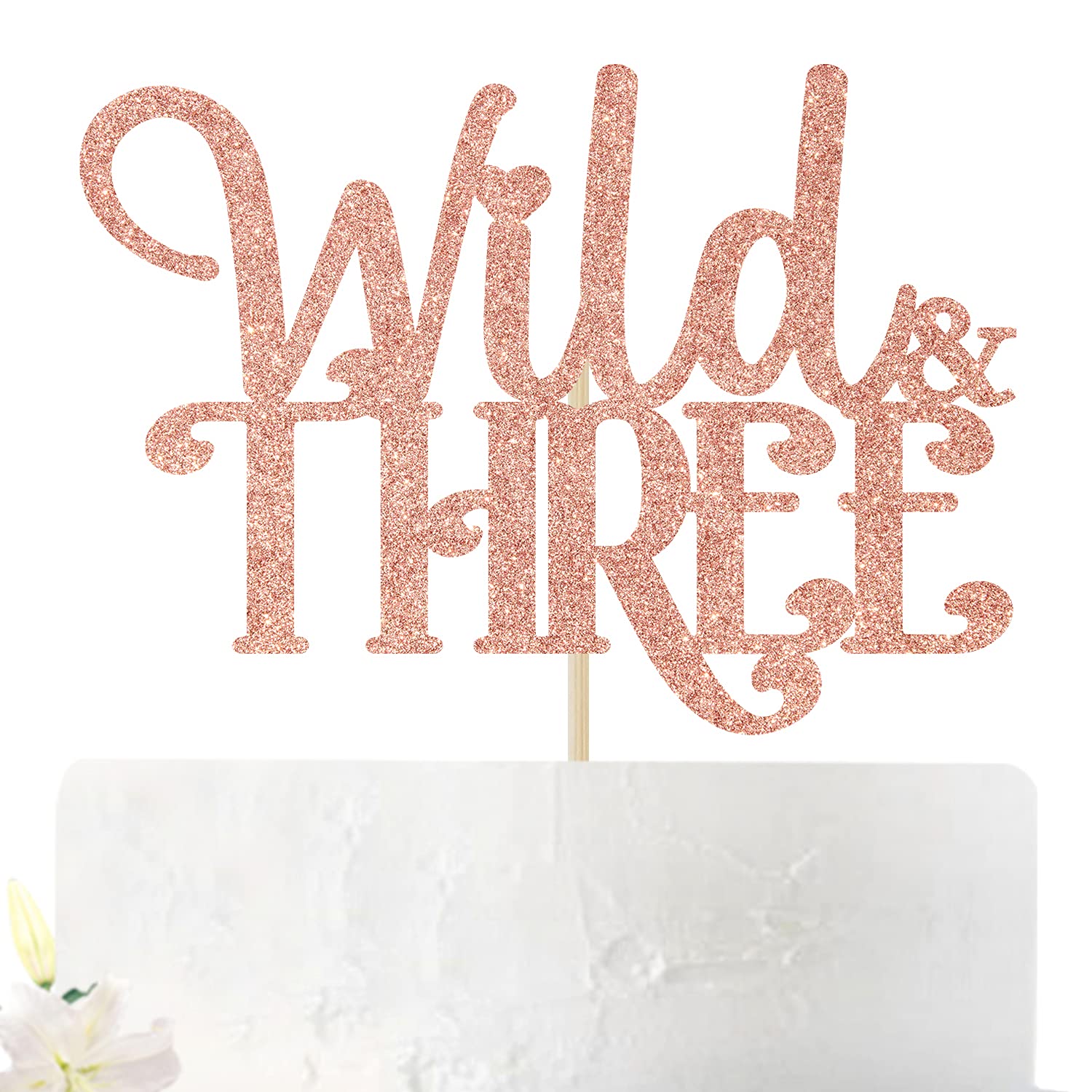 Nanvin Wild & Three Cake Topper - Happy 3rd Birthday Cake Decoration for Girl - Three Years Old Theme Birthday/Anniversary Party Supplies (Rose Gold)
