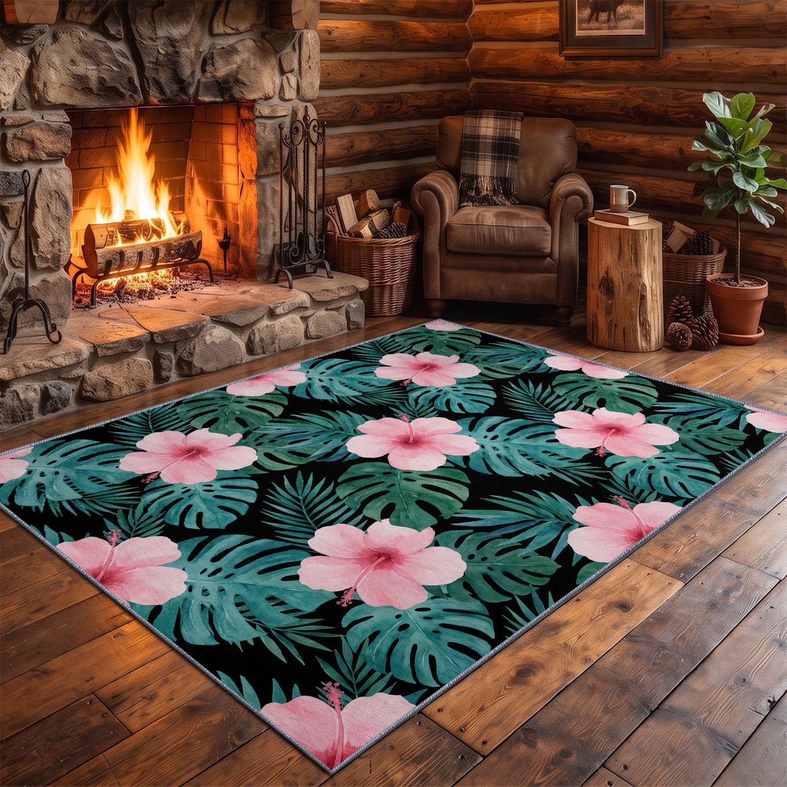 Tapis Lavable Machine Salon 80 x 150 cm, Antidérapant Sol Fleurs Tropicales Poil Bas Doux Feuilles Vertes Tropicales Hibiscus Motif Chambre Cuisine Entrée Salle Détente Décoration Maison, Noir