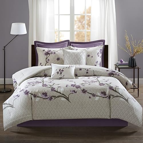 Madison Park Cozy Parrizer Nature Scenery DISEÑO Temporada, Falda de cama a juego, Almohadas decorativas, Reina, Púrpura 8 pieza disponible en Yaxa Peru